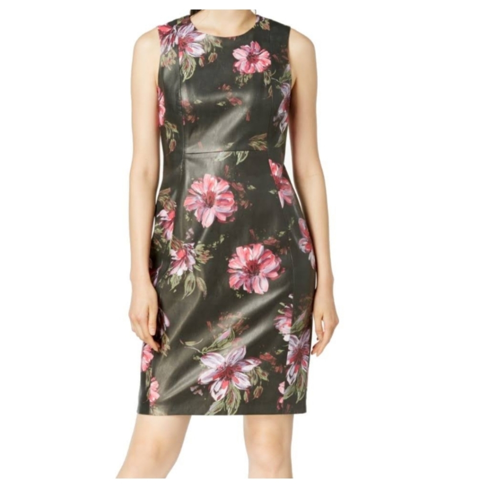 Calvin Klein Dress 10 Faux Leather Floral Sheath Sleeveless Brown Pink Cocktail
